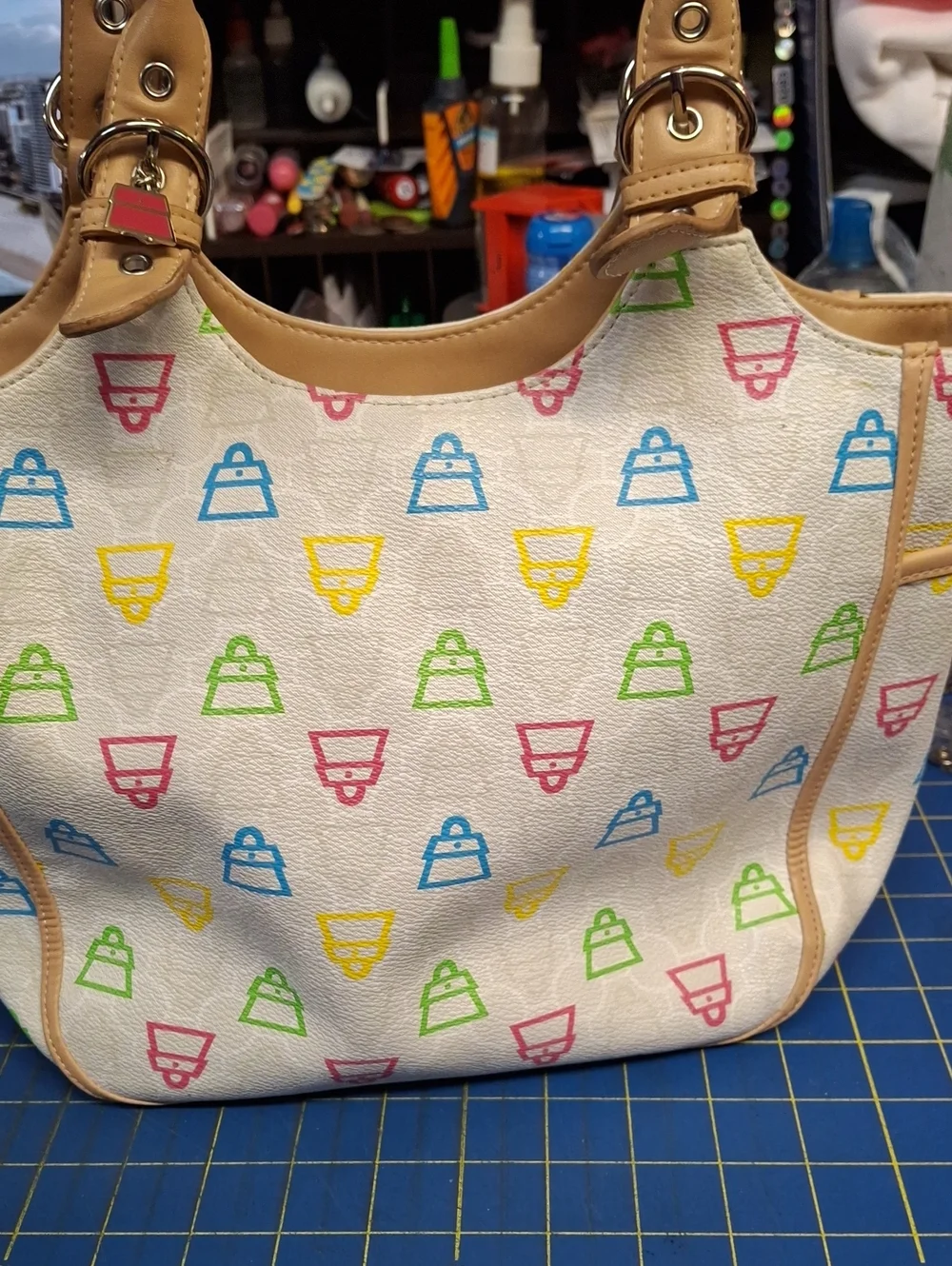 Kathy Van Zeeland Y2K Multicolor Patterned Tote Bag Tan Handles